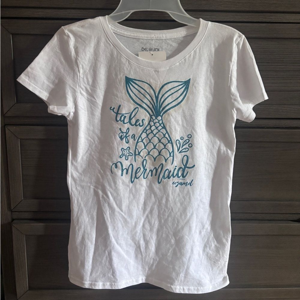 Youth White and Blue Short Sleeve Tee with Mermaid Design New Size XL